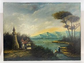Arte: Paisaje costumbrista con lago y montañas, pintura al óleo sobre tela, finales siglo XIX, sin firmar.